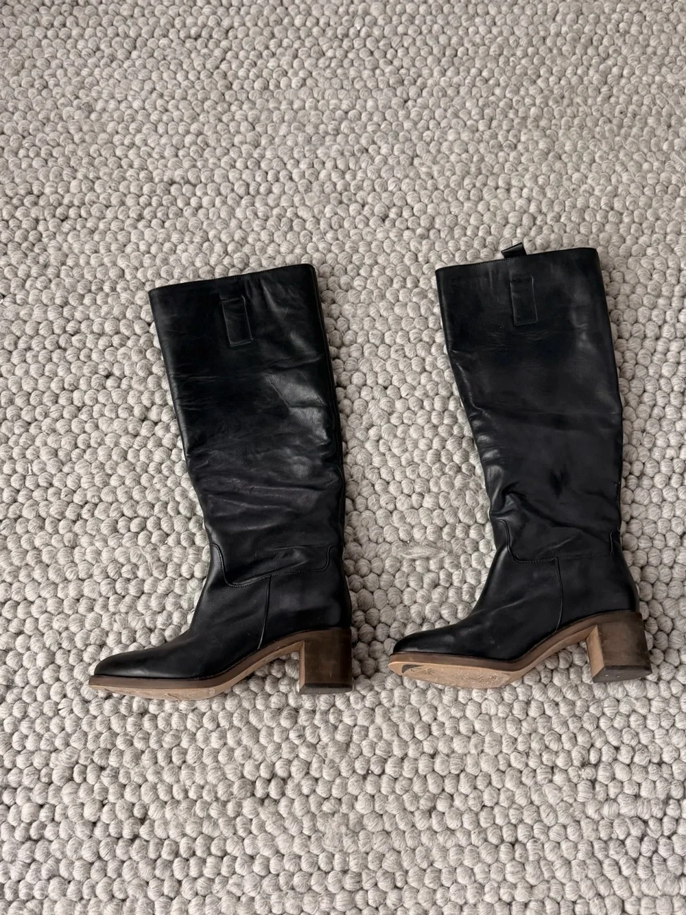 Free People Black Leather Knee High Block Heel Boots